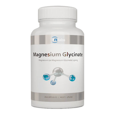 Image of a white supplement bottle that says rn labs magnesium glycinate magnesium glycinate (as magnesium glycinate) 150mg 180 caps