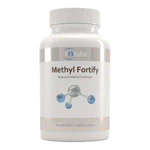 Image of a white supplement bottle that says rn labs methyl fortify balanced methyl cofactors 60 capsules 
