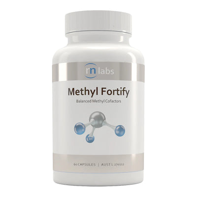 Image of a white supplement bottle that says rn labs methyl fortify balanced methyl cofactors 60 capsules 
