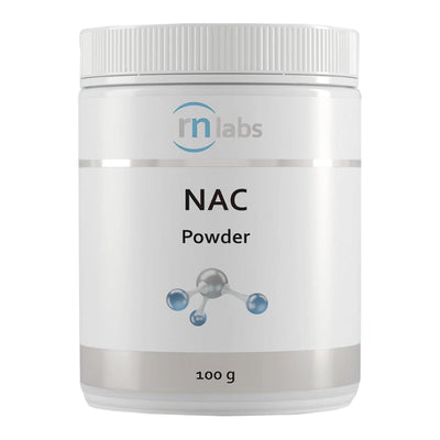 Image of a white supplement bottle that says RN labs  NAC Powder 100g 