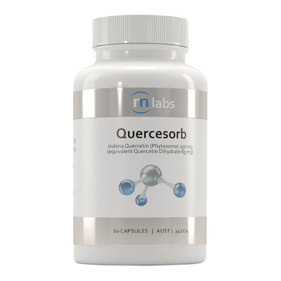 An Image of a white supplement bottle that says RN labs Quercesorb Indena Quercetin (Phytosome) 250mg (equivalent Quercetin Dihydrate 85mg) 60 capsules 