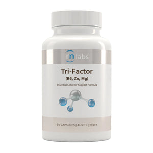 a white supplement bottle that says rn labs  tri-factor b6, Zn,Mg essential cofactor support formula 60 capules 