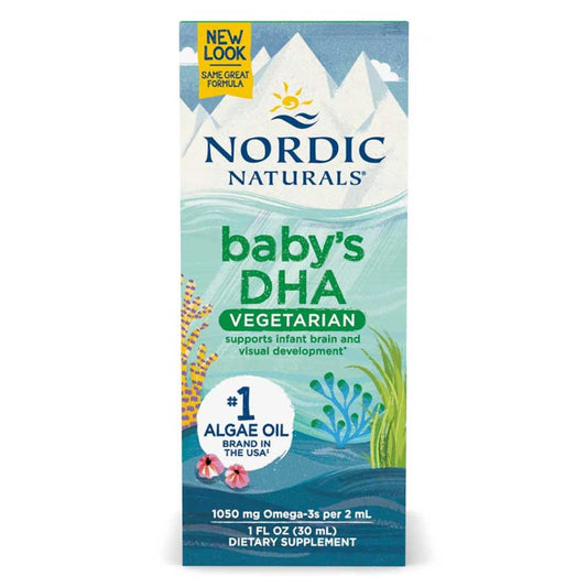 A Supplement container with the name Baby's DHA Vegetarian by Nordic Naturals.