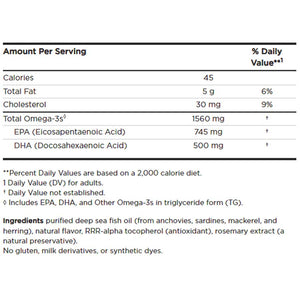 Supplement facts for Omega-3 Liquid Lemon 237ml listing ingredients including DHA, Docosahexaenoic acid, EPA, Eicosapentaenoic acid, Fish Oil