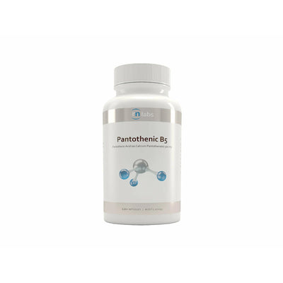 image of a white supplement bottle that says pantothenic B5 Pantothenic Acid (as Calcium Pantothenate) 500mg 120 Capsules 