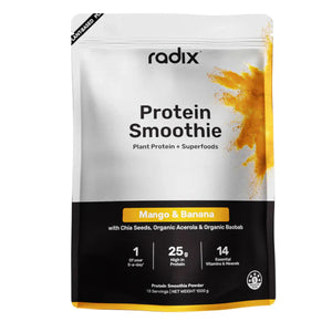 A Supplement bag with the Protein Smoothie (Mango & Banana) by Radix Nutrition.