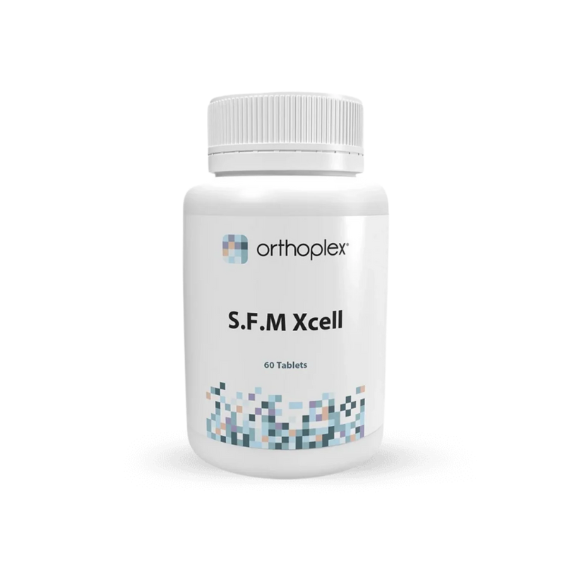 A Supplement container with the name S.F.M Xcell by Orthoplex White.