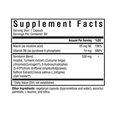 Text describing the ingredients: Niacin(as nicotinic acid), Vitamin B6 (as pyridoxal-5-phosphate) Serotonin Blend: Inositol, Turmeric Extract (curcuma longa) (rhizome) (Curcugen) 5-hydroxytrptophan (5-HTP) (from Griffonia simplicofolia) (Seed), Saffron Extract (Crocus sativus L.) (stigma) (Safr'inside)