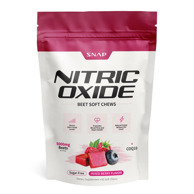 A Supplement container with the name Nitric Oxide Beet Soft Chews by Snap Supplements.