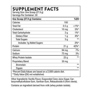 Supplement facts for Whey Protein Isolate Vanilla 837g listing ingredients including Ananas comosus, Bromelain, Papain, Stevia, Whey protein isolate