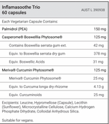 image showing Table of content of Inflamasoothe Trio: Palmidrol, PEA, Boswellia Phytosome, Meriva Curcumin Phytosome, suitable for vegans and vegetarians