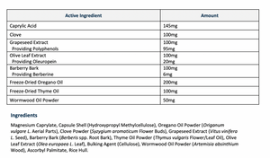 Laber of ingrideints, MicroClear 60 caps, Capryl Acid, clove,Grapeseed extract, olive leaf extract, barberry bark, oregano oil, thyme oil, wormwood oil