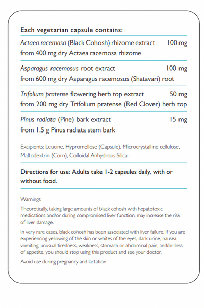 Image of table of content for My Manopause supplement by Therapure. Each vegetarian capsule contains:
Actaea racemosa (Black Cohosh) rhizome extract from 400 mg dry Actaea racemosa rhizome, 
100 mg Asparagus racemosus root extract&nbsp from 600 mg dry Asparagus racemosus (Shatavari) root, 
100 mg,  Trifolium pratense flowering herb top extract from 200 mg dry Trifolium pratense (Red Clover) herb top, 50 mg Pinus radiata (Pine) bark extract from Pinus radiata stem bark 15 mg