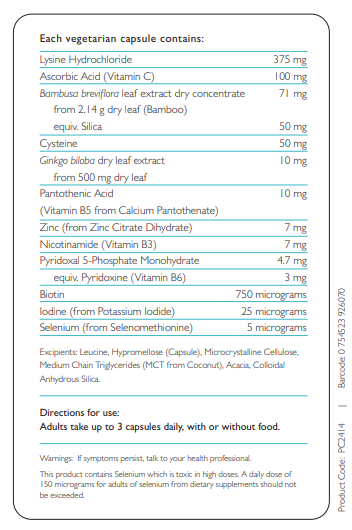 Table of content of my hair supplement by therapure, 
Bamboo, Cysteine, Lysine, Ascorbic Acid, Zinc, Ginkgo biloba, Pantothenic Acid, B3, B6, Biotin, Iodine, Selenium 