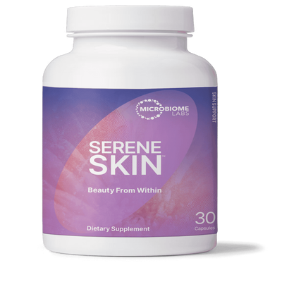 A Supplement container with the name Serens Skin by Microbiome Labs