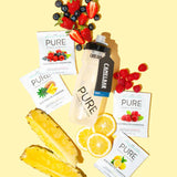 PURE Premium Starter Pack contains 4 x 42g single-serve PURE Electrolyte Hydration sachets, each make 750ml (flavours: Raspberry, Pineapple, Lemon, and Superfruits), plus a PURE CamelBak Podium 710ml water bottle.