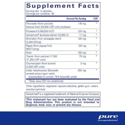 Text describing the ingredients: Pancreatin, Protease 6.0, Serrazimes, Bromelain, Papain, Rutin, Trypsin, Chymontrypsin, Indian frankincense.