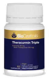 BioCeuticals product bottle of Theracurcumin triple 60 capsules. Blue and gold label with white bottle