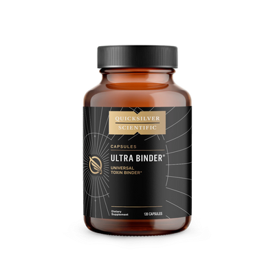 A Supplement container with the name Ultra Binder Universal Toxin Binder 120 Caps by Quicksilver.