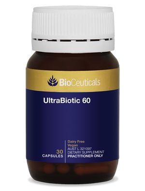 UltraBiotic 60 capsules. BioCeuticals amber glass bottle with blue and gold label.