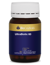 UltraBiotic 60 capsules. BioCeuticals amber glass bottle with blue and gold label.