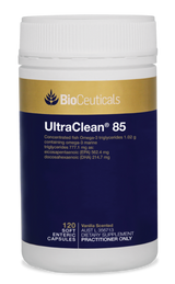 BioCeuticals UltraClean 85 Omega 3 Fish oil product bottle image of 120 capsules. Blue and gold bottle image.