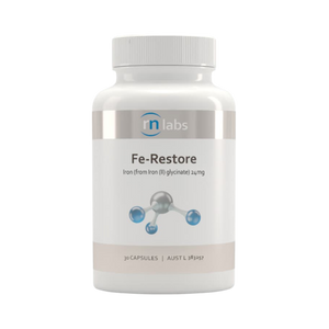 An image of a white supplement bottle that says rn labs fe-restore iron (from Iron (II) glycinate)24mg 30 capsules 