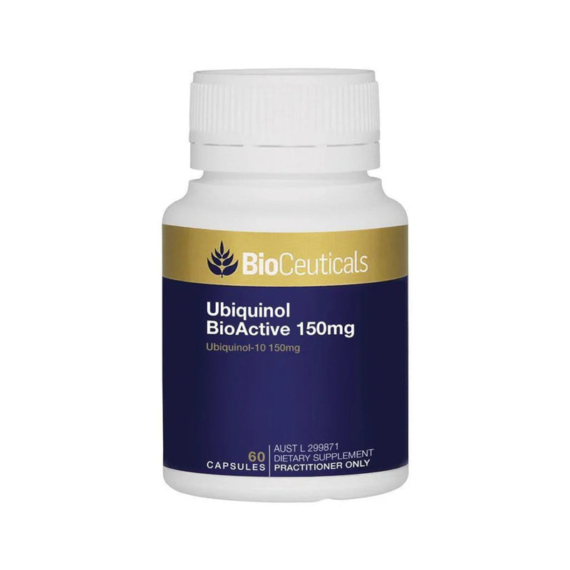 A Supplement container with the name Ubiquinol BioActive 150mg BioCeuticals.