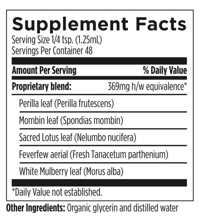 Image of ingredients:
Perilla leaf (perilla frutescens), Mombin leaf (spondias mombin), Sacred lotus leaf( Nelumbo nucifera), feverfew aerial (fresh tanacetum parheium), White mulberry eaf(morus alba), organic glyceri, distilled water 