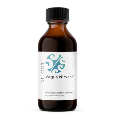 Image of a white supplement bottle which says alight vagus nirvana Herbal supplement 2 FL OZ (60mL) For professional use only 