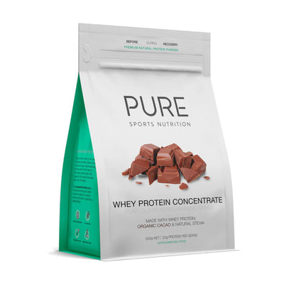 A Supplement container with the name Whey Protein Concentrate (Chocolate) by Pure Sports Nutrition.