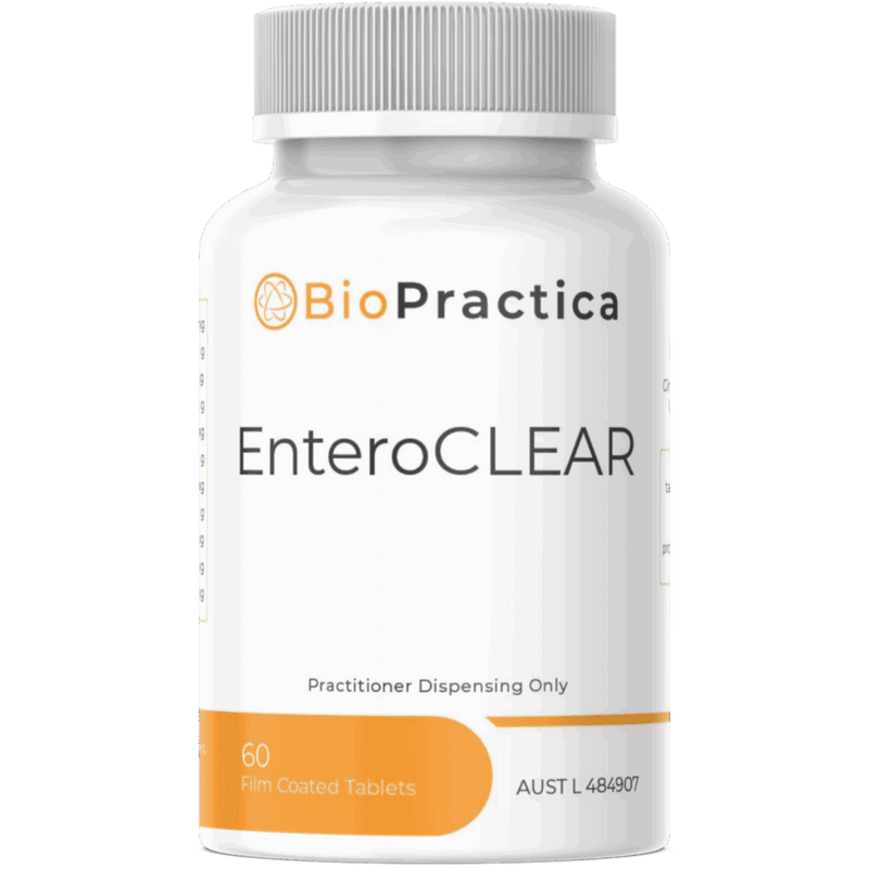 A Supplement container with the name EnteroCLEAR by BioPractica.