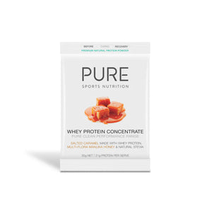 A Supplement packet with the name Whey Protein Concentrate (Salted Caramel 25 x30g) by Pure Sports Nutrition.