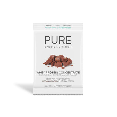 A Supplement container with the name Whey Protein Concentrate (Chocolate) by Pure Sports Nutrition.