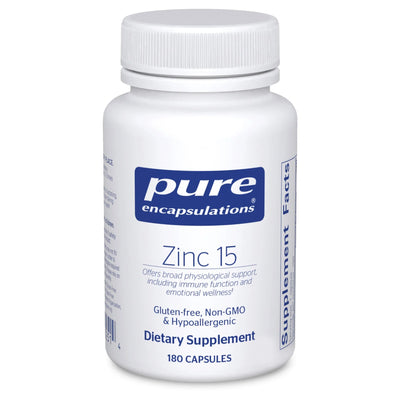 A Supplement container with the name Zinc 15 (180 Caps) by Pure Encapsulations.