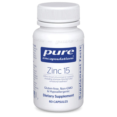 A Supplement container with the name Zinc 15 (60 Caps) by Pure Encapsulations.
