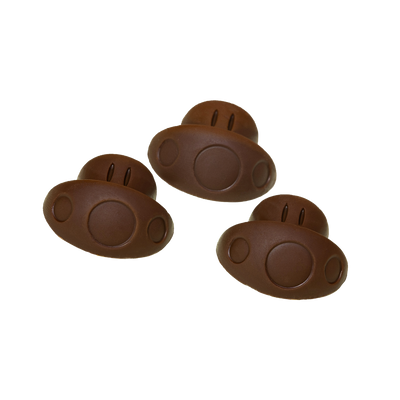 Three brown rubber duck-shaped objects on a white background