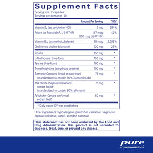 Ingredients: Vitamin B6, B12, Folate, Choline, Inositol, L-Methionine, Taurine, Trimethylglycine, Turmeric, Milk Thistle, Artichoke.