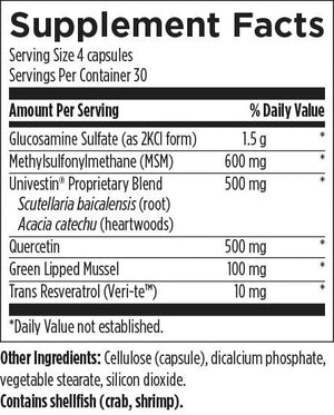 Tet describing the ingredients: Glucosamine Sulfate, Methylsulfonylmethane (MSM), Univestin Proprietary Blend Scutellaria baicalensis (root) Acacia catechu (heartwood), Quercetin, Green lipped Mussel, Trans Resveratrol (Veri-te), cellulose (capsule), dicalcium phosphate, vegetable stearate, silicon dioxide, contains shellfish (crab, shrimp)
