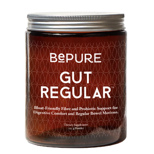 Image of a brown bottle with the title be pure gut regular. Bloat friendly fibre and probiotic support for digestive comfort and regular bowel motions 