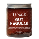 Image of a brown bottle with the title be pure gut regular. Bloat friendly fibre and probiotic support for digestive comfort and regular bowel motions 