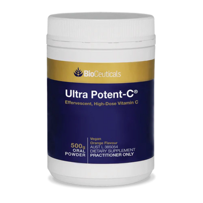 A Supplement container with the name Ultra Potent-C (500g) by BioCeuticals.
