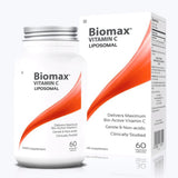 Image of a white bottle cthat says Biomax vitamin c liposomal delivers maxiumum bio - active vitamin c gentle and non-acidic clinically studied (60 Vcaps)