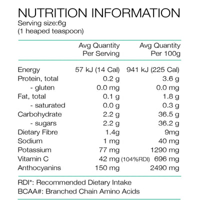 Text describing the ingredients: 100% Freeze Dried Ben Ard Blackcurrants.