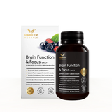 Image of a white supplement box which says Harker herbals Brain function and focus daily supports clarity and brain health support brain performance lions mane supports mentalclarity aronia brainberry for brain health with botanical extracts dietary supplement 90 vege capsules