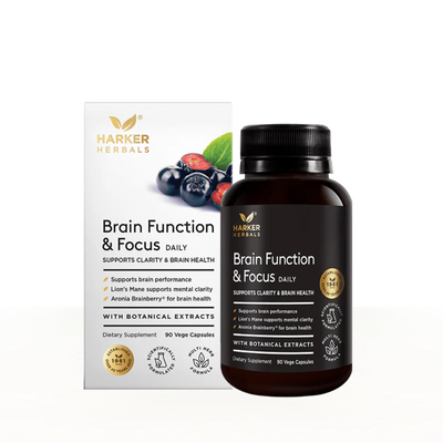 Image of a white supplement box which says Harker herbals Brain function and focus daily supports clarity and brain health support brain performance lions mane supports mentalclarity aronia brainberry for brain health with botanical extracts dietary supplement 90 vege capsules