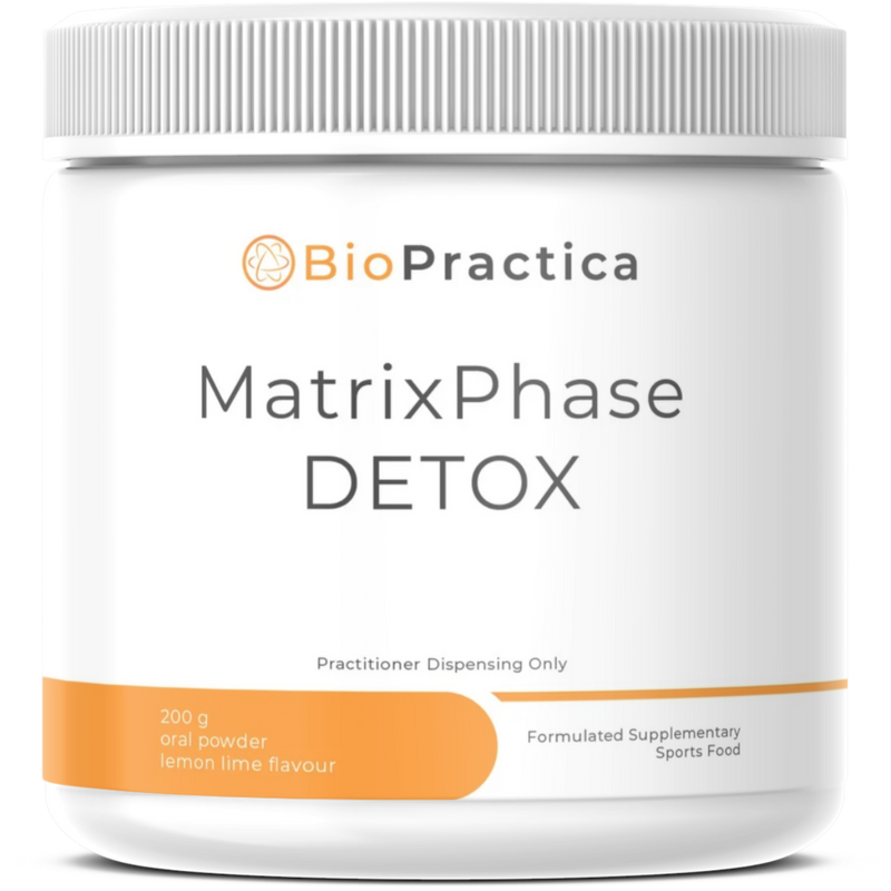 A Supplement container with the name MatrixPhase Detox by Bio Practica.