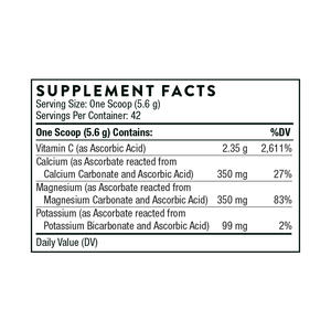 Ingredients including Vitamin C, Ascorbic acid, Calcium Ascorbate, Calcium Carbonate, Magnesium carbonate, Potassium Bicarbonate.
