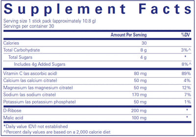 Text describing the Ingredient: Vitamin C, Calcium, Magnesium,  Sodium, Potassium, D-Ribose, Malic acid.