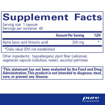 Text describing the ingredients: Alpha Lipoic acid (thioctic acid) 200mg.